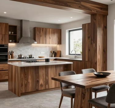 An interior shot of a contemporary open-concept home with a focus on the kitchen and dining area. The design features a blend of warm brown wood accents and light gray surfaces, shot in high-definition photography style.