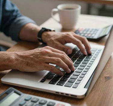 A close-up of a person's hands typing on a laptop with a calculator and coffee mug nearby in a modern North American / US Hispanic office environment, symbolizing efficient bookkeeping and payroll services.