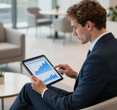 A professional in European business attire sitting in a bright, modern lounge, focused on a tablet screen showing financial growth charts in blue and white.