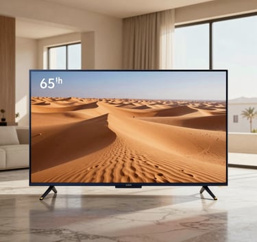A high-end 65-inch OLED television displaying a vivid desert landscape, situated in a minimalist Middle Eastern living room with polished marble floors. Soft, warm lighting from large windows, professional atmosphere with navy blue and gold accents.