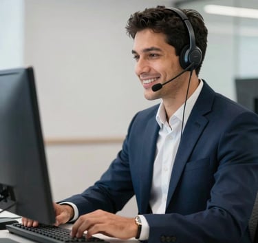 A professional individual in a South American / Brazilian business environment wearing a modern headset and smiling, focused on a computer screen, clean lighting, navy blue and white corporate colors.