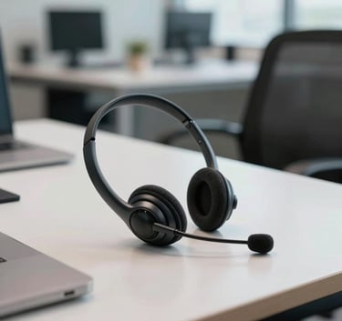 A professional South American / Brazilian office setting focusing on a sleek headset resting on a modern desk with a blurred background of an efficient workspace.