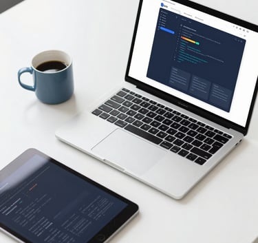 A top-down view of a modern workspace with a laptop, a coffee cup, and a tablet showing a visual programming interface. The scene is bright and airy with a professional Apple-inspired atmosphere, featuring a clean white desk and muted slate blue accents.