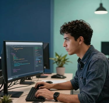 A professional web developer focused on a coding project in a stylish Latin American / Spanish coworking space, with midnight blue and soft mint lighting details.