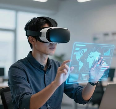 A professional in a clean, modern office wearing a sleek VR headset, interacting with holographic data visualizations. Cinematic lighting, deep blue and soft white tones, North American / Global context.
