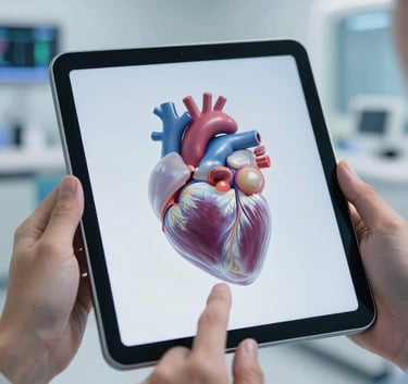 Close-up of hands using an AR tablet to view a detailed, translucent 3D model of a human heart in a bright, futuristic medical training room. Soft focus, royal blue accents, North American / Global context.
