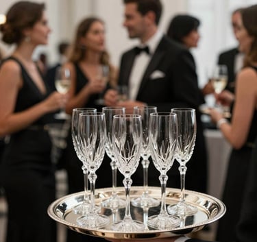 A sophisticated North American evening gala scene. In the background, guests mingle under soft lighting. In the foreground, a polished silver tray holds crystal champagne flutes. The style is high-end commercial photography with deep black and bright white tones.