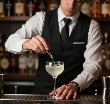 A professional bartender in a crisp white shirt and black vest expertly preparing a cocktail in a high-end North American lounge. The lighting is moody and elegant, highlighting the clarity of the glassware.