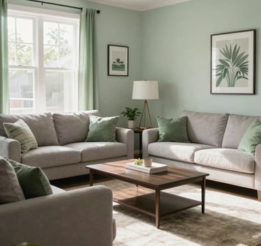 A bright, sunlit North American living room in Orlando, Florida, appearing clean and safe after professional remediation, with light gray and fresh green decor.