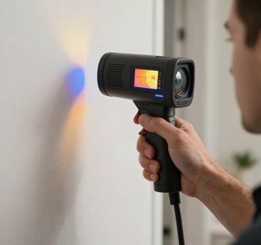 A close-up of a professional infrared camera showing temperature variations on a wall to detect hidden moisture, held by a technician in a modern Orlando residence.