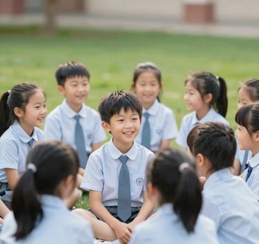 A group of happy children in neat school uniforms sitting together in a lush green school garden. The lighting is warm and nurturing. Colors include soft blues and whites matching the #8FA8B8 and #E7EFF4 palette.