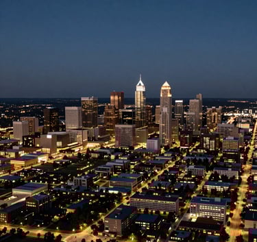 An aerial wide-angle shot of the Research Triangle Park area at twilight. The sky is a deep dark slate blue, with city lights reflecting a warm taupe glow across the sophisticated landscape.