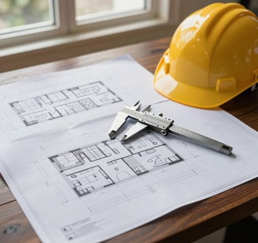 A professional architectural workspace in a Caribbean setting. Detailed blueprints and architectural drawings for a commercial project are spread across a dark wood desk. A pair of silver calipers and a hard hat sit nearby. Soft, natural light from a window highlights the precision and technical expertise of the planning stage.