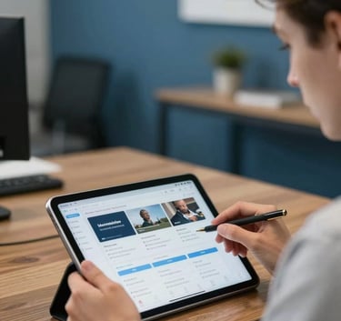 Photography of a professional in a North American / US office setting using a digital interface on a tablet, with a blurred background featuring dusty blue decor.