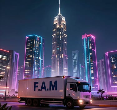 A sharp, professional logo for a trucking company featuring the initials FAM in bold dark blue typography, styled with clean lines that suggest movement and speed, set against a light gray background in a North American office setting.