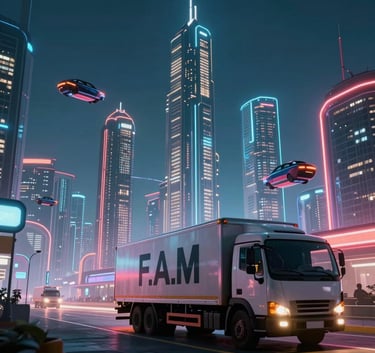 A modern white box truck driving on a clean North American multi-lane highway during a bright, clear day, showing professional branding in dark blue and medium blue tones.