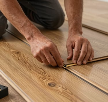 Close-up of a skilled flooring professional's hands installing honey gold laminate planks in a modern South American apartment. The lighting is soft and focused on the precision of the joint, emphasizing high-quality craftsmanship.