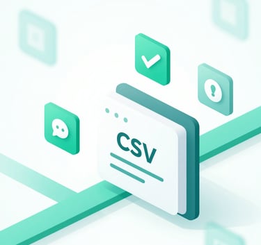 An abstract 3D representation of data flow: icons for search, verification, and enrichment moving through a pipeline into a tidy CSV file. Professional style with #3C8D7F teal accents.