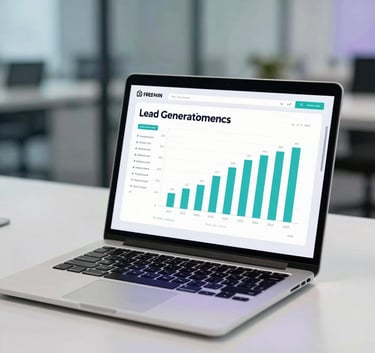 A modern, clean office setting with a sleek laptop displaying lead generation charts. Subtle teal and purple ambient lighting reflecting on glass surfaces, professional and results-oriented mood.