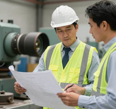 A North American business professional in a hard hat and safety vest reviewing blueprints with a client next to heavy machinery, clean professional style.
