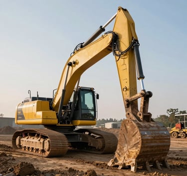 A professional photography shot of a high-end hydraulic excavator bucket resting on soft earth, sharp focus, natural morning light on a North American work site.