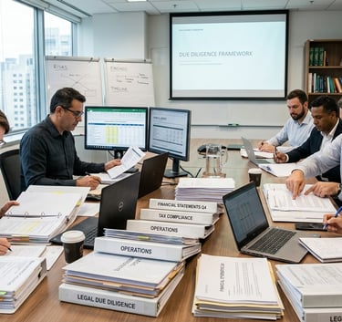Equipe profissional realizando uma auditoria de due diligence corporativa com base em documentos fin