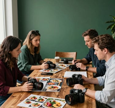 A sophisticated, well-lit North American agency office. A professional team is collaborating around a rustic wooden table covered in food-style mood boards and high-end cameras. The scene features deep ripe crimson and matte forest green accents. Warm natural lighting.