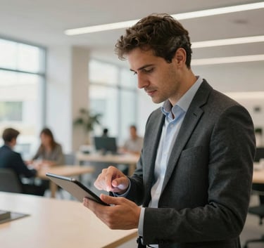 A financial consultant in professional attire reviewing data on a tablet in a bright, contemporary coworking space in Valencia. Modern architecture and soft lighting. Iberian Peninsula / Spanish.