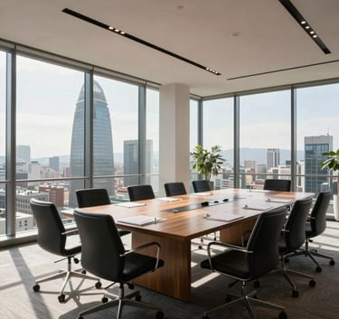 A wide-angle shot of a sophisticated, modern boardroom in a Barcelona skyscraper. Sunlight flows through large windows, highlighting a clean, professional atmosphere. Iberian Peninsula / Spanish.