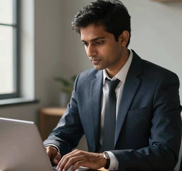 A professional South Asian individual in business attire working on a sleek laptop in a modern minimalist workspace in South India, warm natural light, cool grey and navy blue accents.