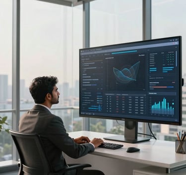 High-end modern office interior in Coimbatore, large glass windows showing a soft cityscape, a South Asian professional looking at a clean digital dashboard on a large screen, morning light, sophisticated charcoal and white tones.