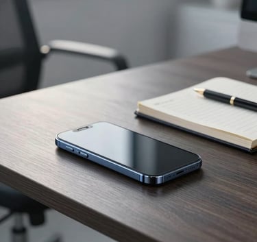 A modern, minimalist office space in the US with soft morning light, showing a sleek smartphone on a dark wood desk next to a designer's notebook, professional and clean atmosphere, using light grey and blue tones.