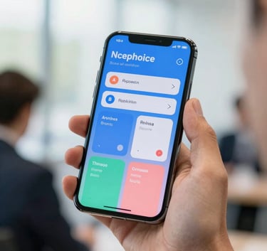 A close-up of a professional hand holding a high-end smartphone in a North American corporate setting, displaying a vibrant, user-friendly mobile interface, bright natural lighting, professional mood.