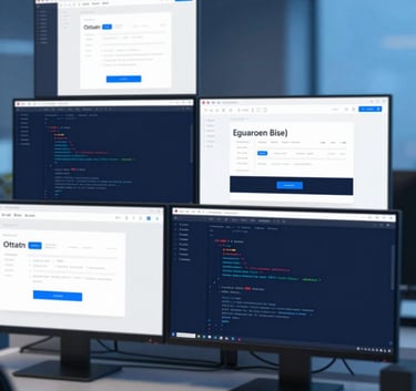A professional developer's workspace with multiple monitors showing clean, structured code and minimalist website layouts, set in a modern office with deep blue (#0E1B25) and light blue (#6C8CA7) highlights.
