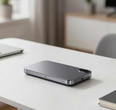 A minimalist, high-tech Android device resting on a clean white desk in a modern North American home, daytime photography with bright and airy lighting.