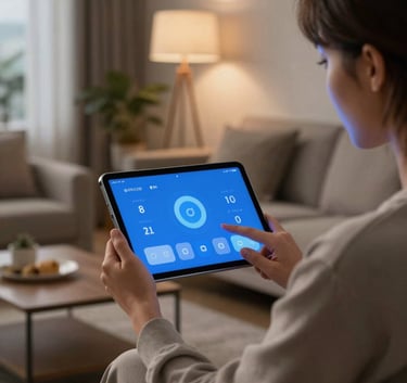 A person in a modern North American living room using a sleek Android tablet with a blue interface to control smart home lighting, soft evening atmosphere.