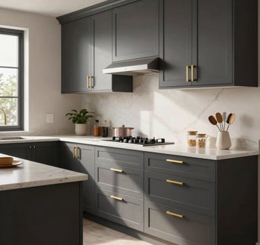 A luxury L-shaped modular kitchen featuring charcoal cabinetry with gold handles and off-white quartz countertops. The setting is a spacious, sun-drenched modern South Asian apartment.