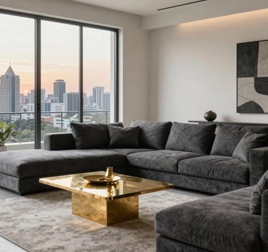 A high-end living room scene in Delhi NCR with modern charcoal gray sofas, gold accent coffee tables, and off-white walls. Large floor-to-ceiling windows reveal a hint of an Indian metropolitan skyline at sunset. Professional architectural photography style.