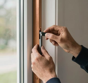 Close-up of a professional inspecting a window seal inside a well-maintained North American / US home. The lighting is bright and natural, highlighting the soft off-white walls and copper-colored wooden accents, suggesting a safe and thorough inspection process.