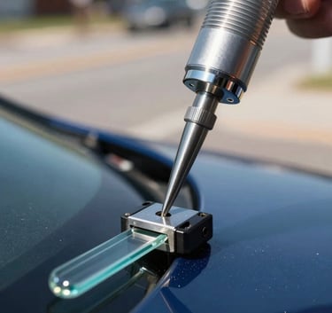 Professional close-up of a specialized glass repair bridge tool attached to a windshield. The focus is sharp on the tool and the injection site, showing meticulous attention to detail. Background is a soft-focus North American street. Colors include deep blues and metallic silver highlights.