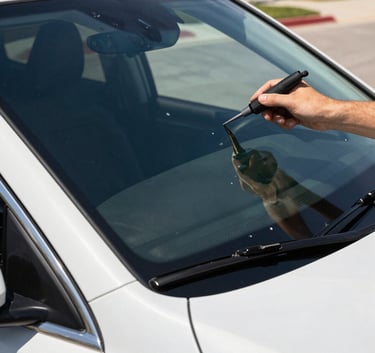 A crisp, high-detail photograph of a clean, modern white SUV parked in a sunny North American suburban driveway. A professional technician is performing a windshield repair using specialized precision tools. The lighting is bright and clear, emphasizing the sleek glass surfaces. Palette includes dark navy blue and silver accents.