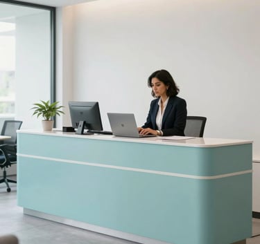 A professional and modern South American corporate office reception area with minimalist furniture, light teal accents, and clean white walls, featuring soft natural lighting and a sense of organized efficiency.