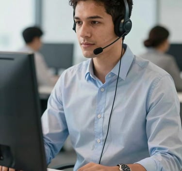 A professional South American person in a modern office environment wearing a sleek communication headset, working efficiently at a clean desk with a computer, conveying reliable tele-answering services, in a bright and professional atmosphere.