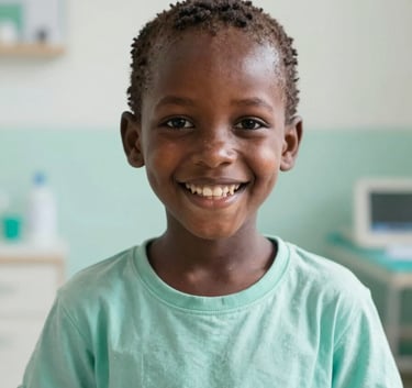 A heartwarming, high-key photograph of an Ethiopian child smiling brightly in a medical clinic, featuring soft lighting and a clean environment with accents of soft mint green and pale mist white.