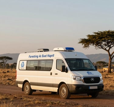 A wide-angle professional photograph of a modern mobile health clinic vehicle traveling through a beautiful rural East African / Ethiopian landscape at golden hour, conveying accessibility and hope.