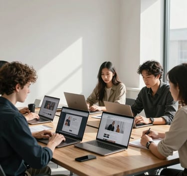 A modern, sunlit North American / US digital agency office with a minimal aesthetic. A small team is gathered around a light oak table, focused on laptops showing professional website design and creative strategies.