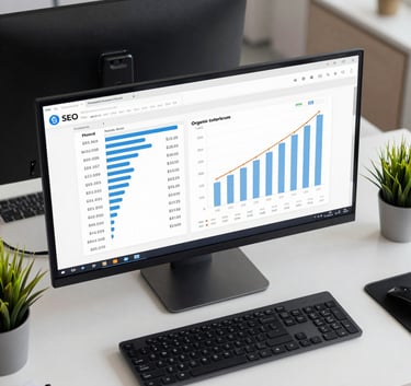 A top-down, clean-desk photograph in a North American / US office environment. A high-resolution monitor displays SEO keyword rankings and organic traffic growth charts, surrounded by a matte black keyboard and a small plant.