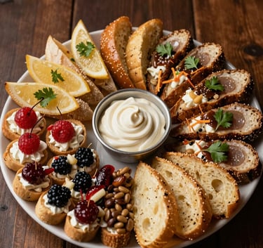 A top-down professional food photography shot of a diverse catering platter featuring appetizers and finger foods, arranged on a dark brown wooden table with soft focus. Latinoamericano style.
