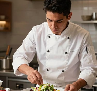 A professional chef in a clean white uniform carefully arranging a colorful salad in a modern, sophisticated commercial kitchen. Warm brown accents in the decor. Latinoamericano context.