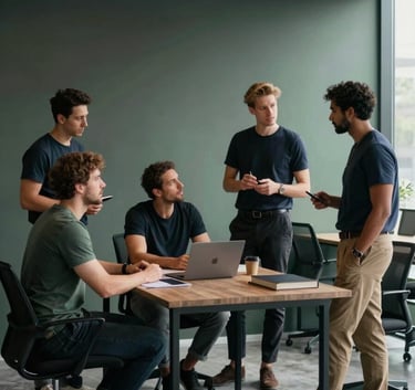 A professional team of male staff in smart-casual t-shirts and trousers collaborating in a modern, minimalistic office space with charcoal and muted green accents, professional atmosphere.